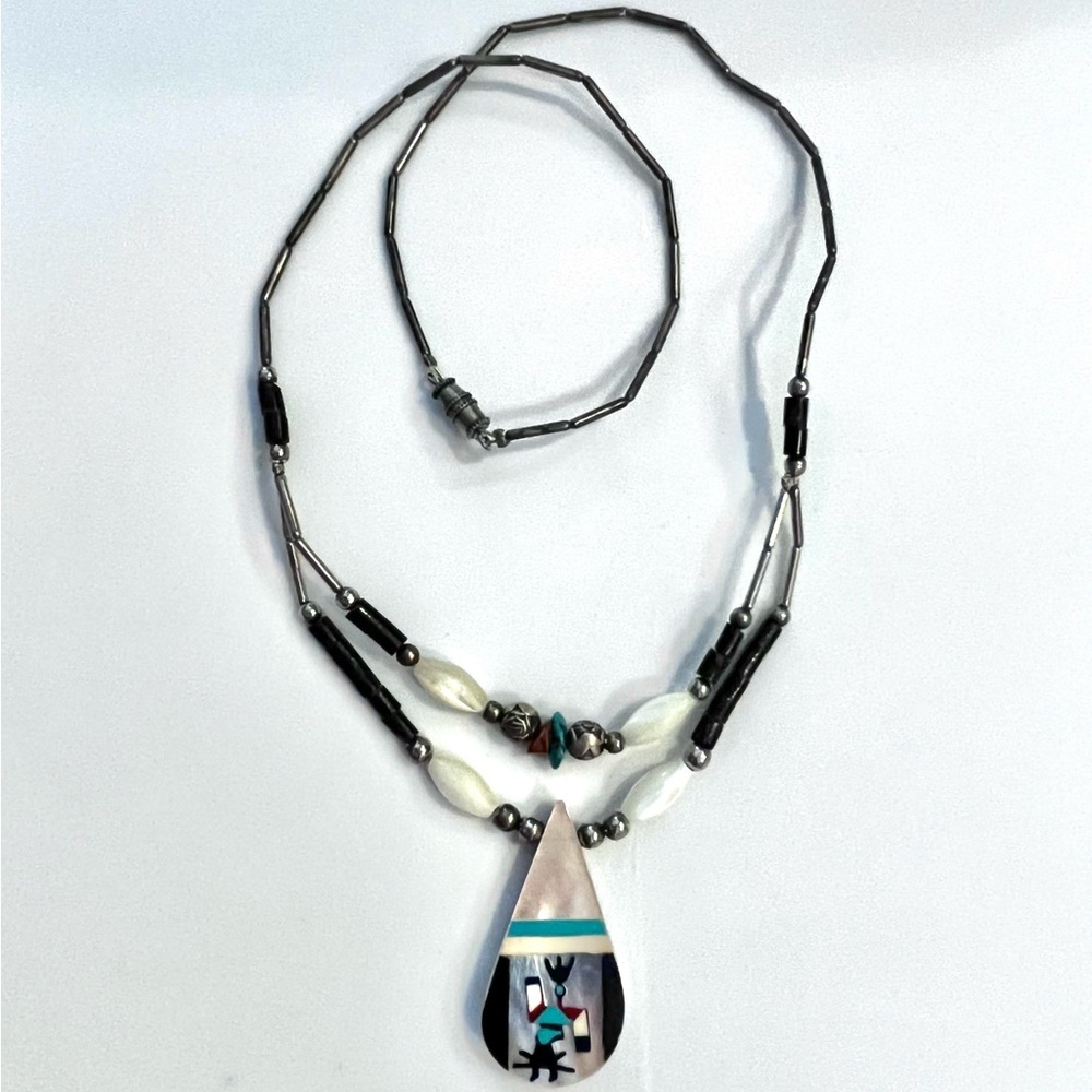 SALE* Vintage Santo Domingo Sterling Silver Multi Stone Inlay Pendant Necklace